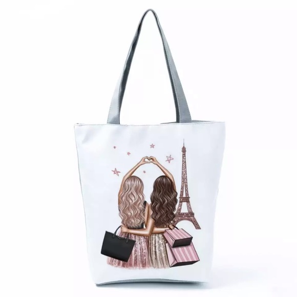 Two Girls Shopping in Paris Zippered Shoulder Tote Bag - Picture 1 of 16